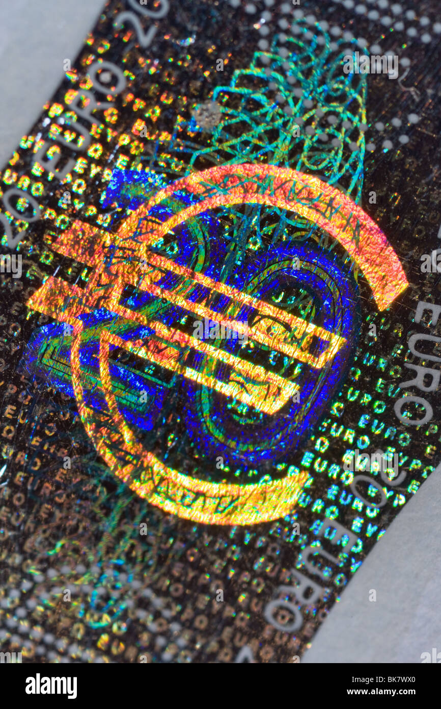 Macro-shot of the Euro-sign on the silverlining of a 20-Euro-banknote Stock Photo
