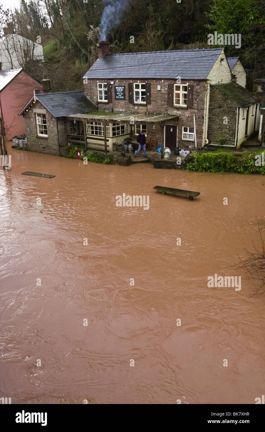 The Boat Inn at Penallt cut off by the rising flood water of the River