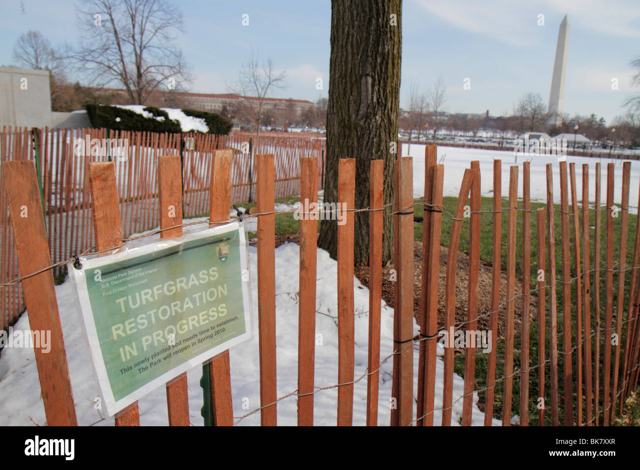 Washington DC,The Ellipse,park,turf,grass,turfgrass,restoration,fenced in area,tree,sod,snow,DC100220045 Stock Photo