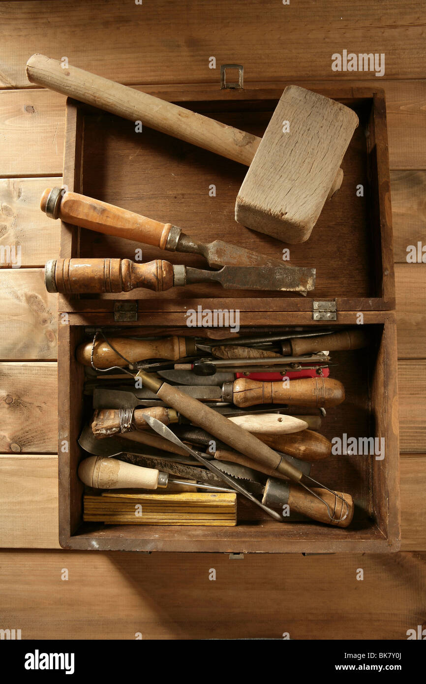 Antique Wood Tool Box With Handle And Tools On Wooden Background