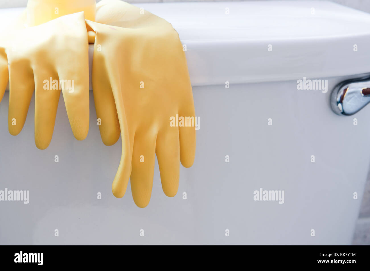 Yellow rubber gloves laying on toilet Stock Photo Alamy