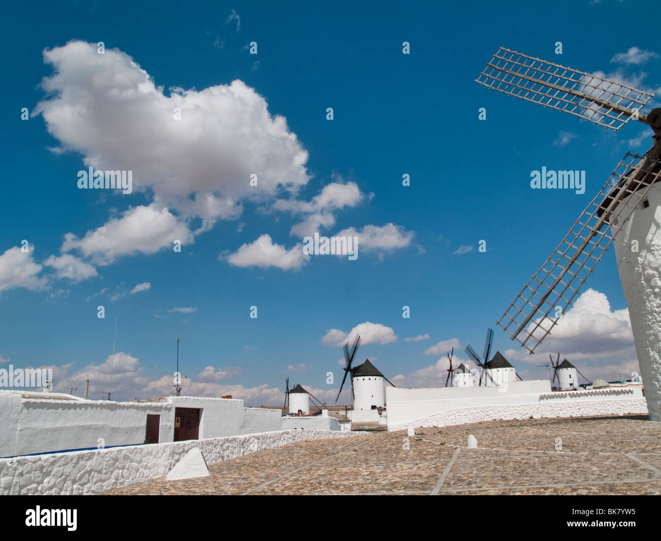 Windmills at Quixote's land (Campo de Criptana, Ciudad Real, Spain) Stock Photo