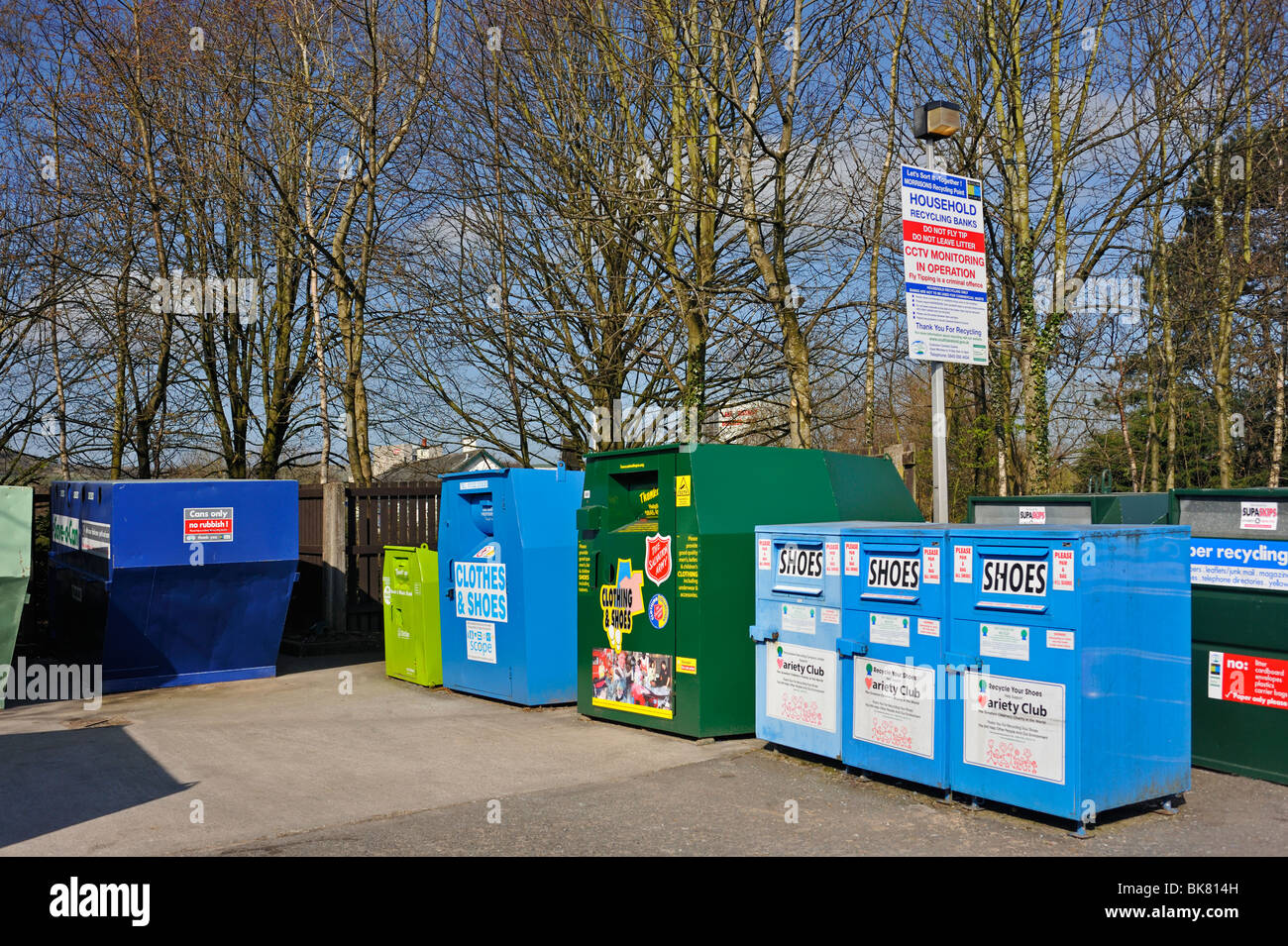 Household recycling bank. Morrisons supermarket, The Old Showground, Kendal, Cumbria, England