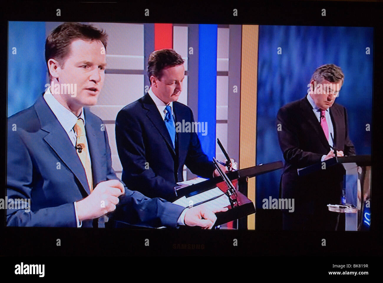 First Television Election Debate UK. MP MPs (L-R) Nick Clegg, David Cameron, Gordon Brown April 15th 2010. 2010s Manchester England HOMER SYKES Stock Photo