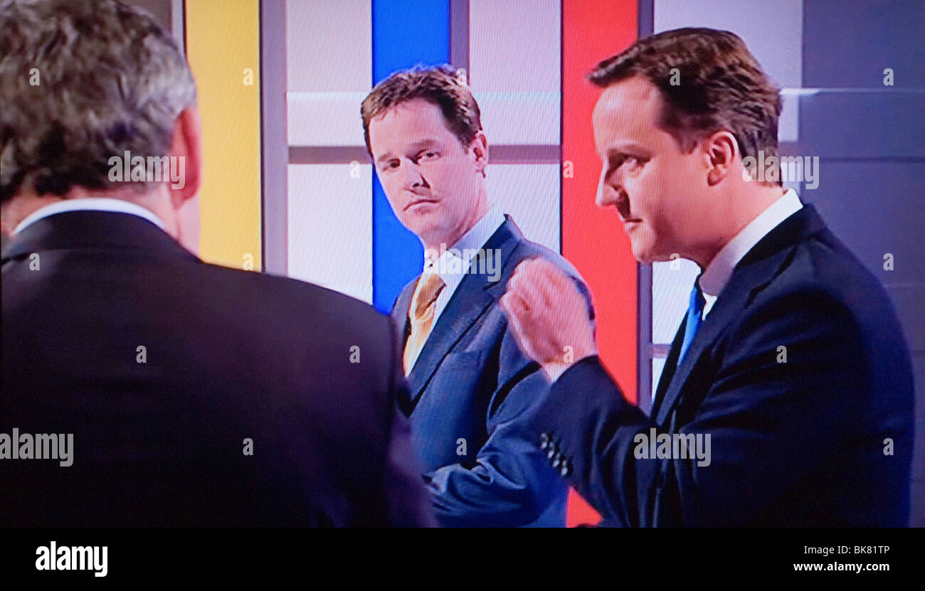 First Television Election Debate. MP MPs Gordon Brown (back)  Nick Clegg, David Cameron,  April 15th 2010. Manchester England 2010s UK HOMER SYKES Stock Photo