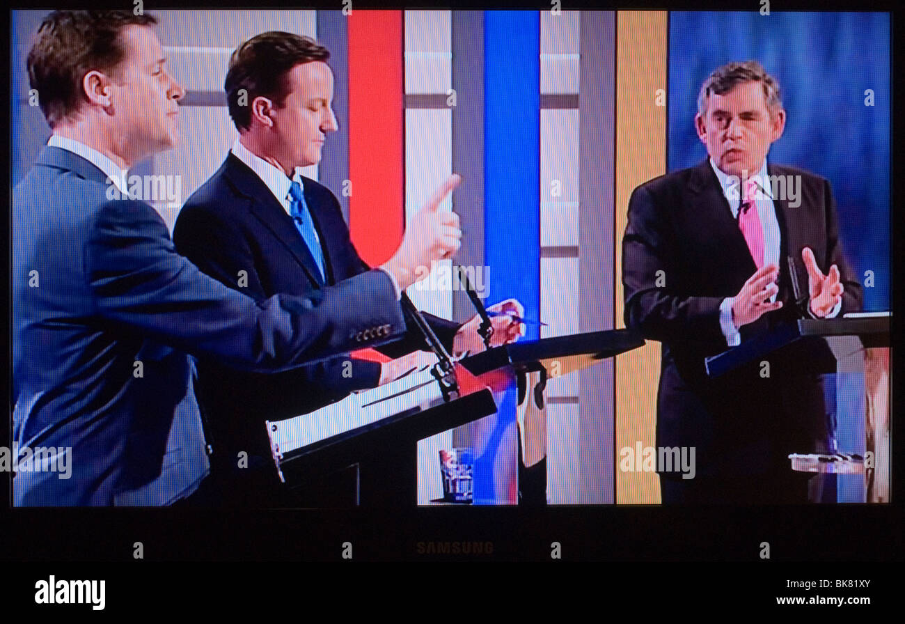 First Television Election Debate MPs MP (L-R)  Nick Clegg, David Cameron Gordon Brown April 15th 2010. Manchester England UK 2010S HOMER SYKES Stock Photo