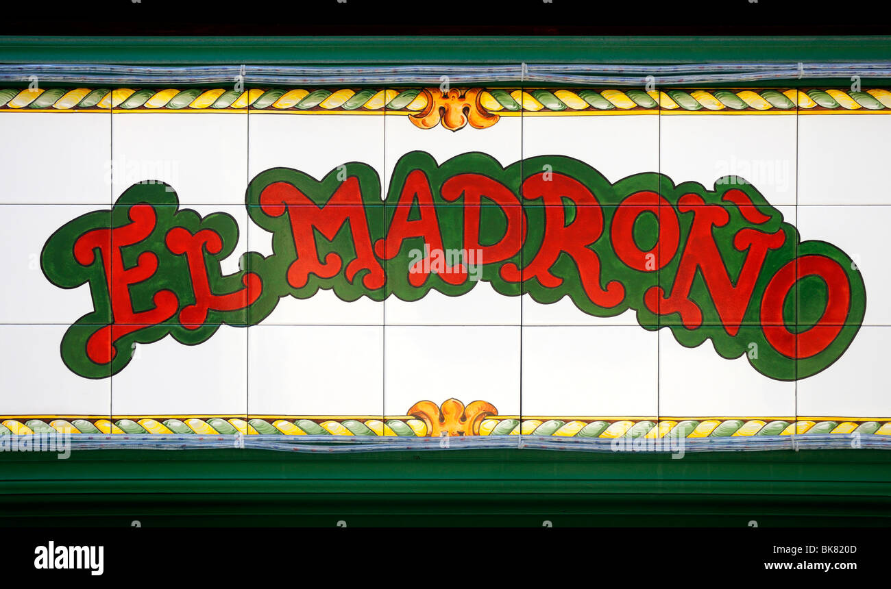 Madrid, Spain. Restaurant 'El Madrono' Painted tiled decoration on exterior walls Stock Photo