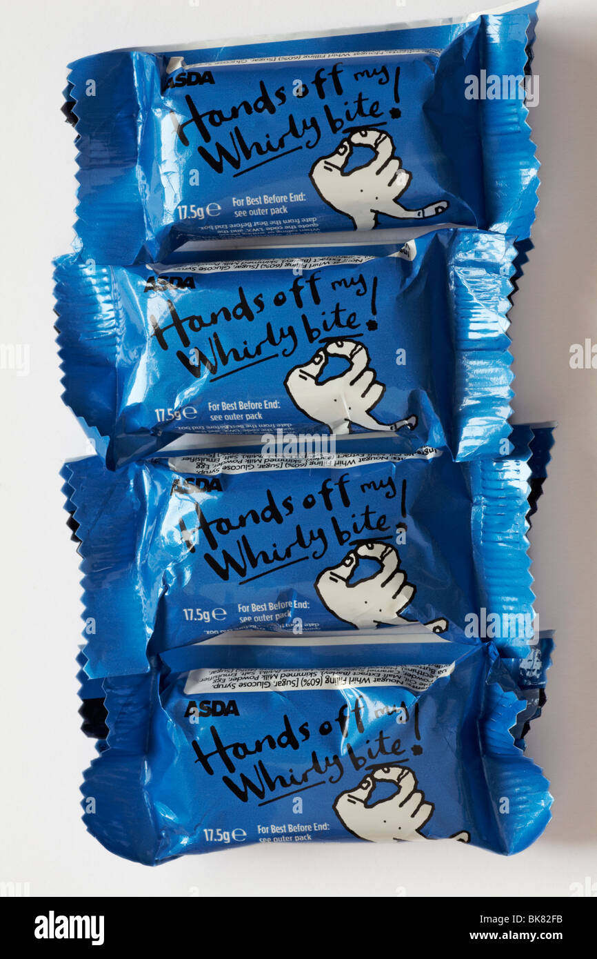 Hands off my whirly bite chocolate bars from Asda on white background Stock Photo