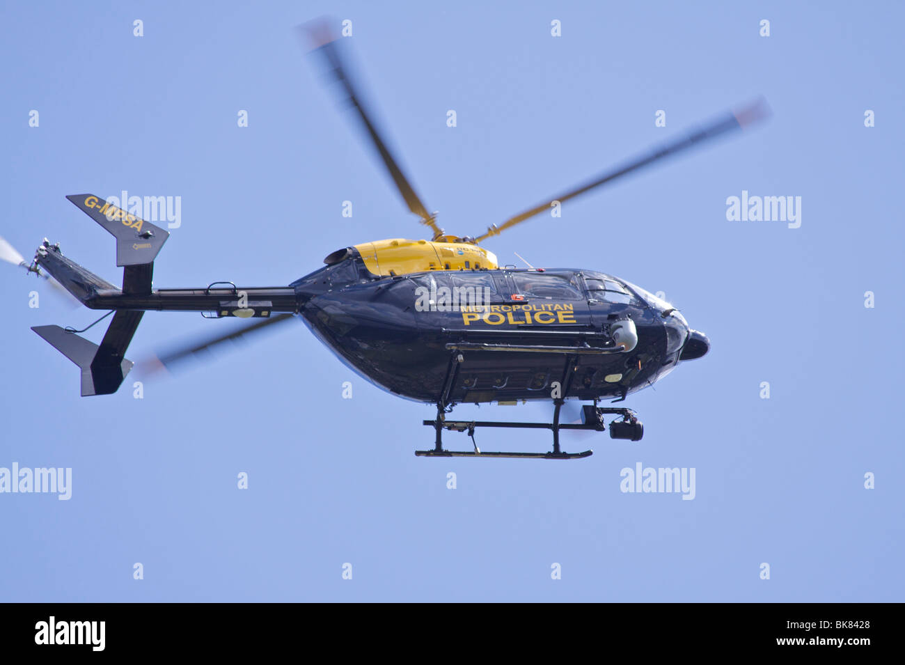 Blue and yellow Metropolitan Police Service (MPS) Eurocopter EC145