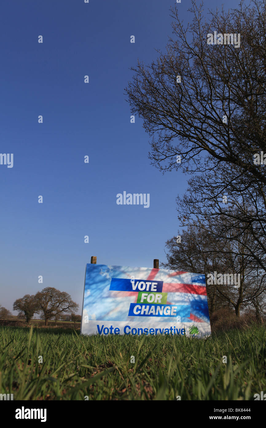 Conservative Party General Election 2010 banner in a field in the UK against a blue sky Stock Photo