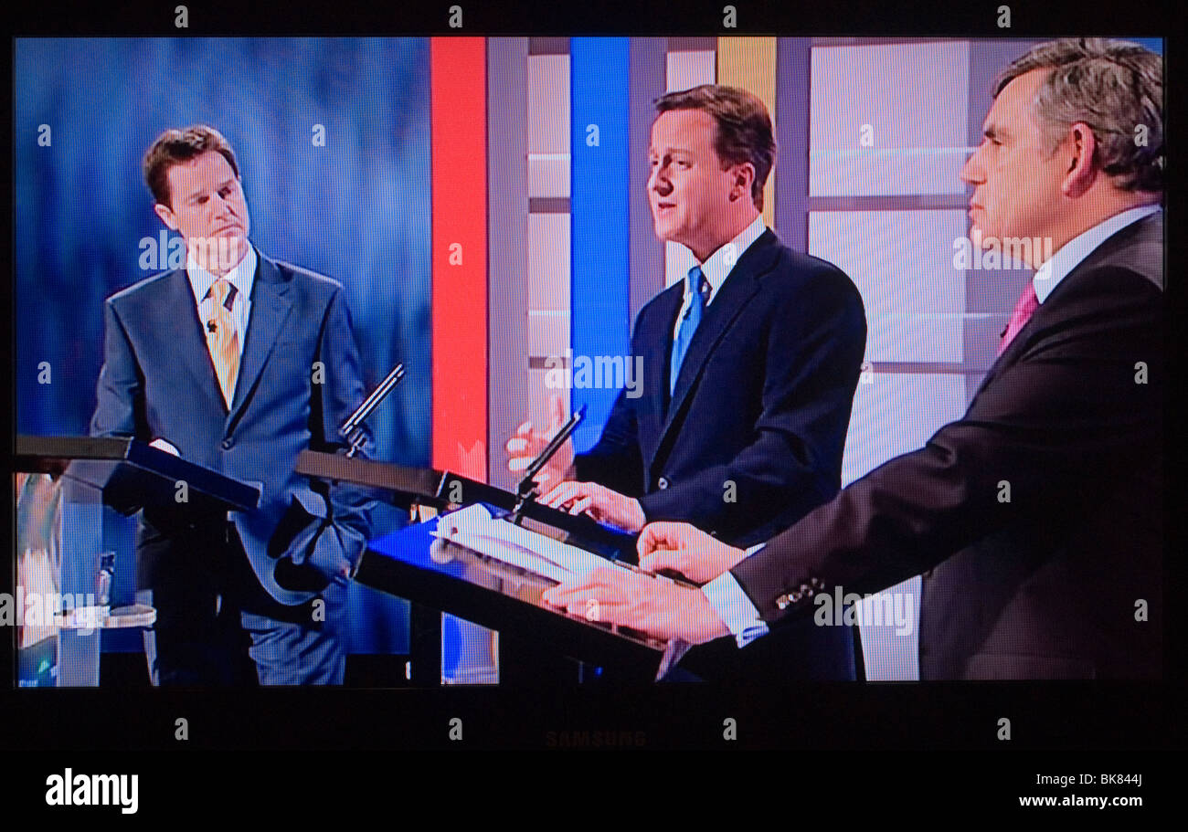 MP MPs  First Television Election Debate (L-R) Nick Clegg, David Cameron, Gordon Brown, April 15th 2010. Manchester England 2010s HOMER SYKES Stock Photo