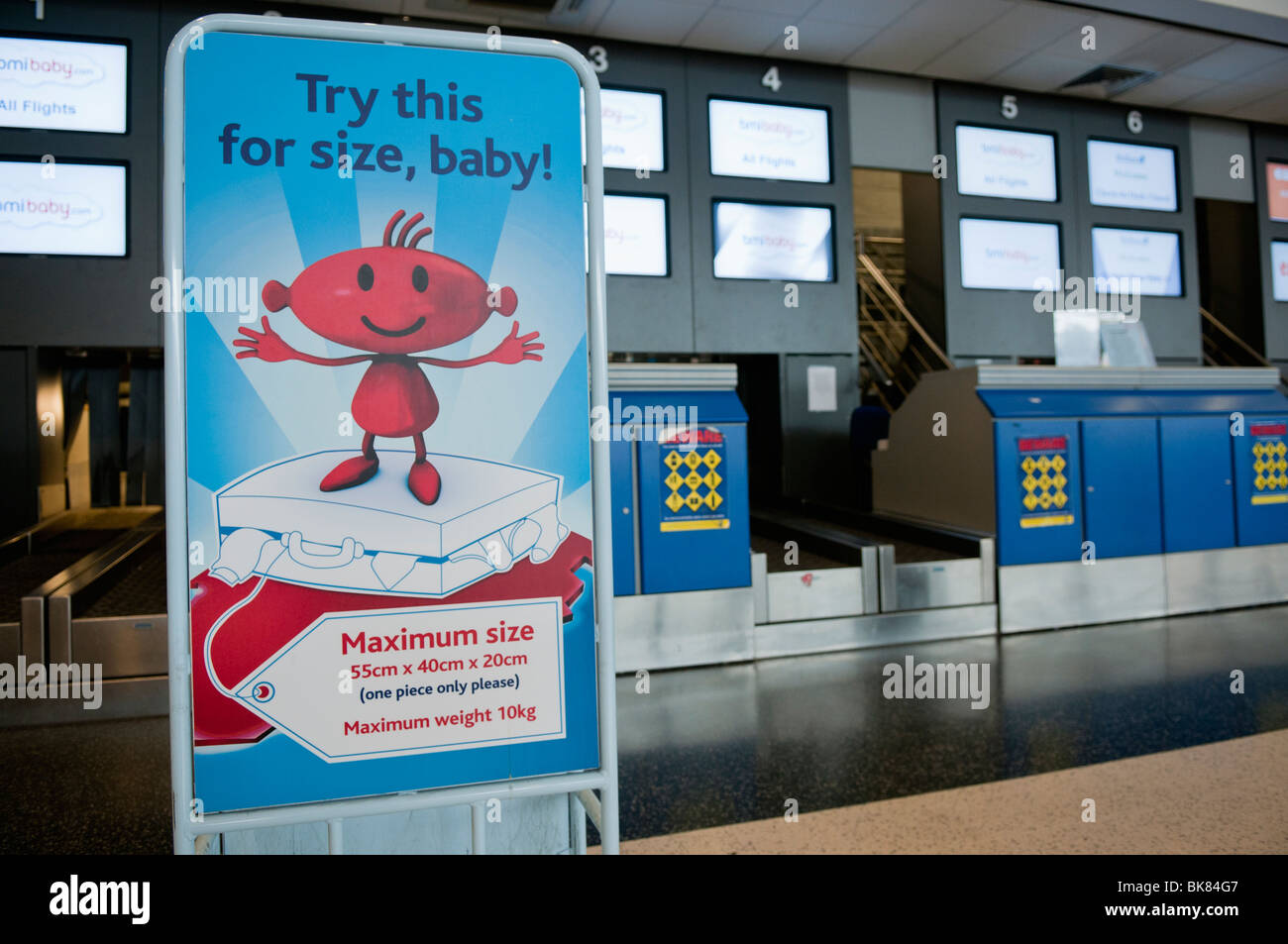 Maximum hand baggage sizes for BMI Baby Stock Photo