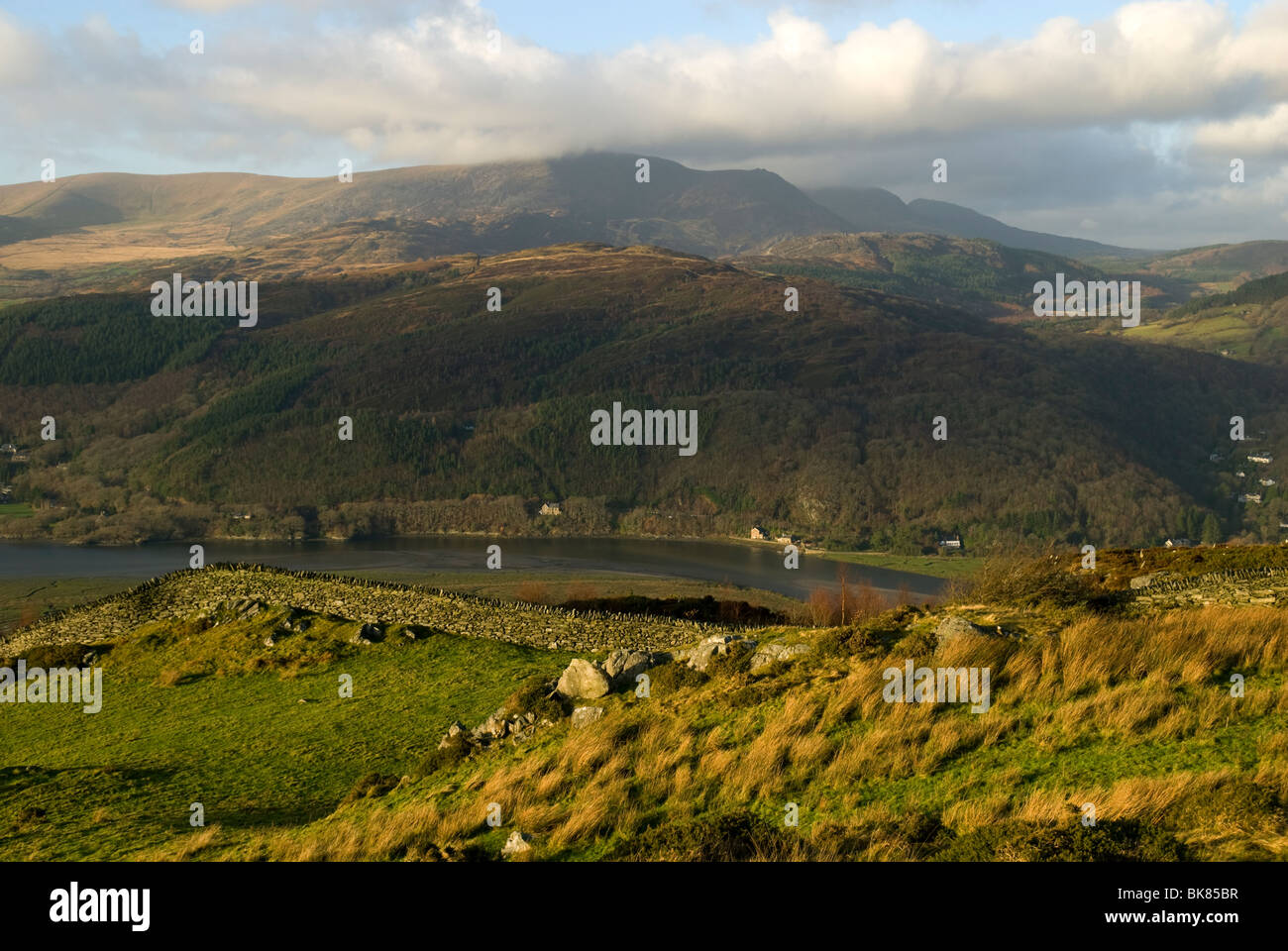 Southern end of the Rhinog mountains over the Mawddach Estuary, near ...
