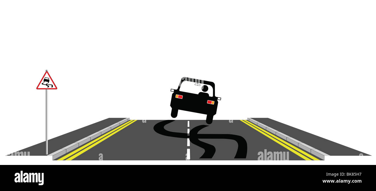 Vector of car skidding across the road past warning sign Stock Photo