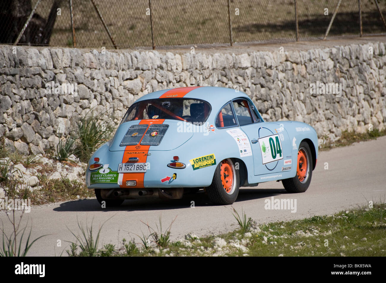 1963 Porsche 356 Roadster. Gulf racing colours classic sports car taking part in a rally in Spain. Stock Photo