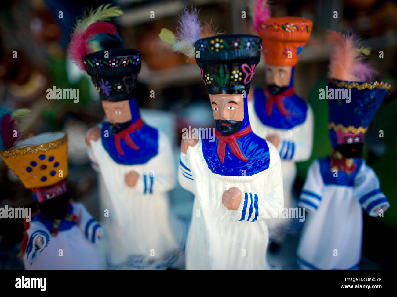 Statues of Chinelos sit for sales during carnival celebrations in Tlayacapan, Mexico Stock Photo