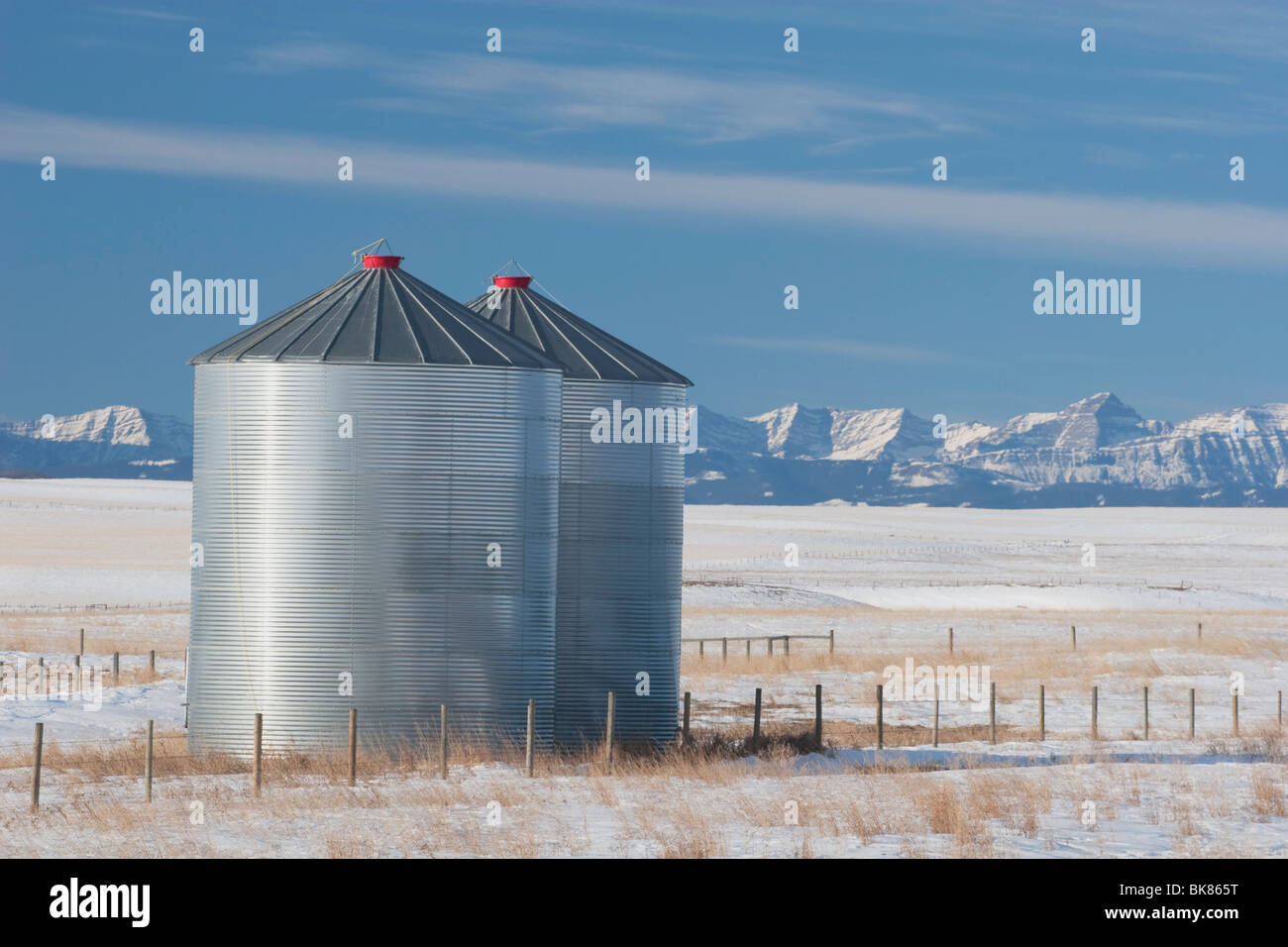 Metal Grain Bins In Snowy Field, Alberta, Canada Stock Photo Alamy
