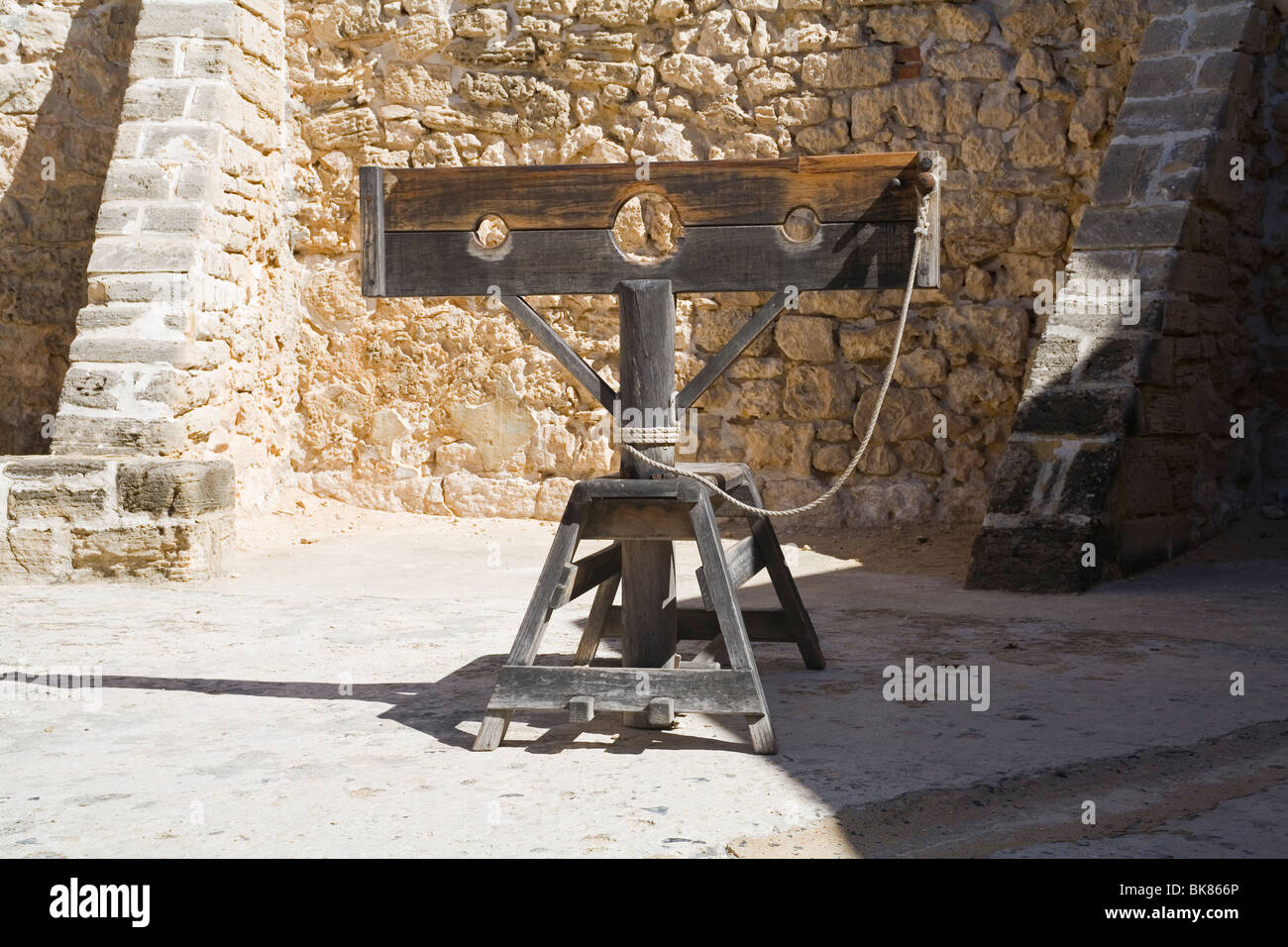 Punishment stocks in the historic Roundhouse, Fremantle, Western Australia Stock Photo