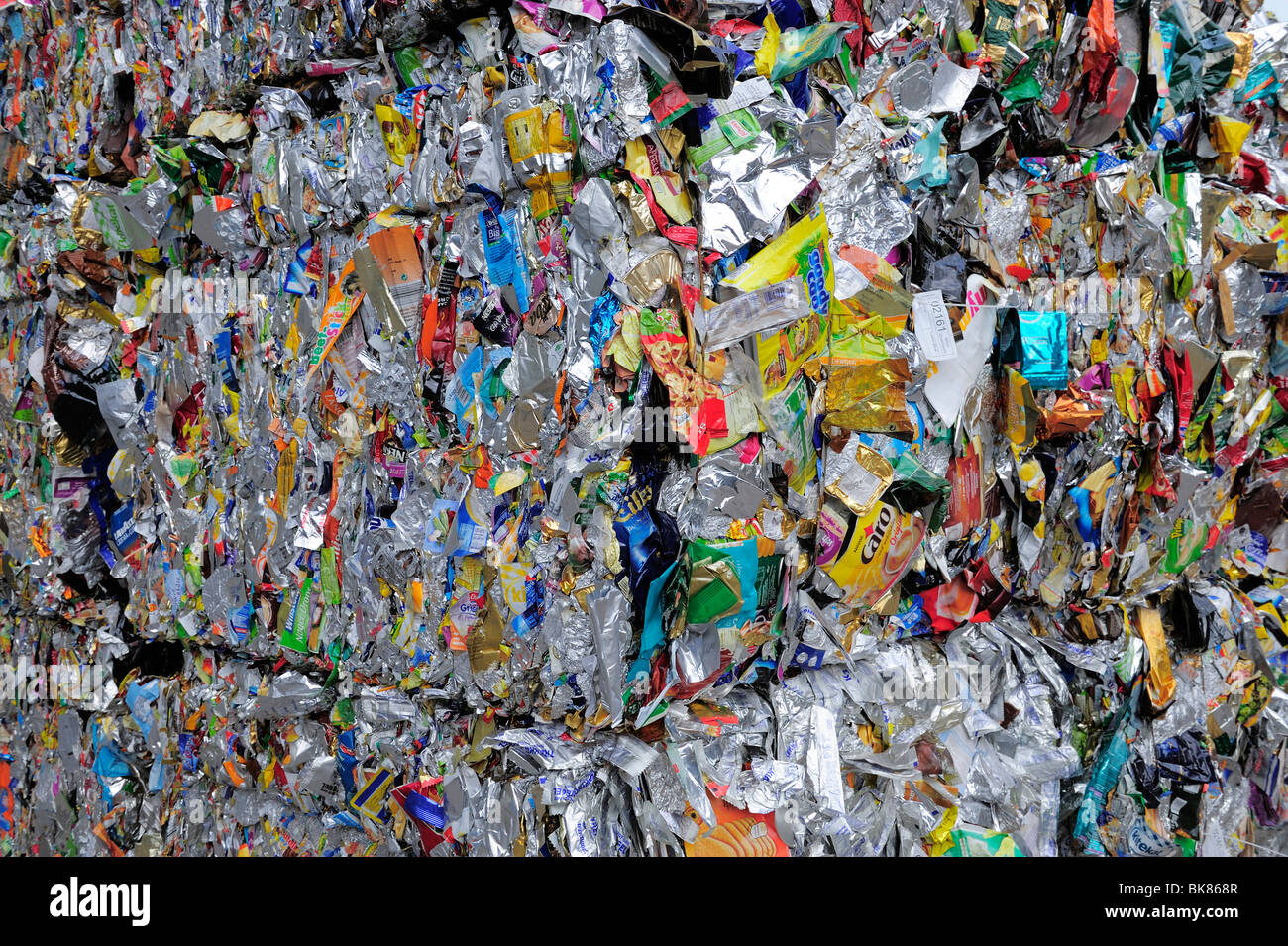 Compressed aluminum packaging, recycling yard Stock Photo