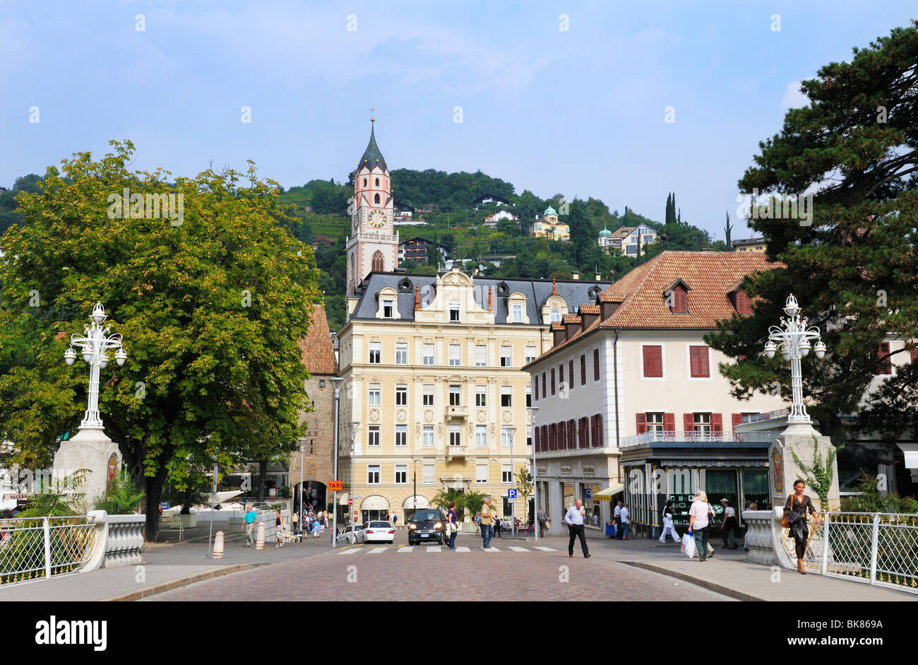 View from the post bridge on the old town with the St. Nicholas parish church, Merano, South Tyrol, Italy, Europe Stock Photo