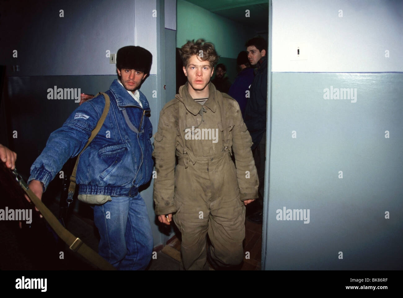 Captured Russian Soldier in the basement of the Presidential Palace in central Grozny, Chechnya. Stock Photo