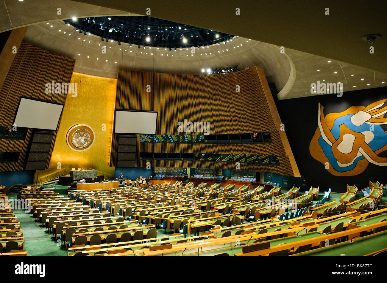 NEW YORK, NY - Interior of the chamber of the UN General Assembly at United Nations headquarters in New York Stock Photo
