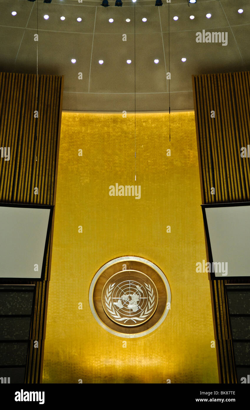 NEW YORK, NY - Interior of the chamber of the UN General Assembly at United Nations headquarters in New York Stock Photo