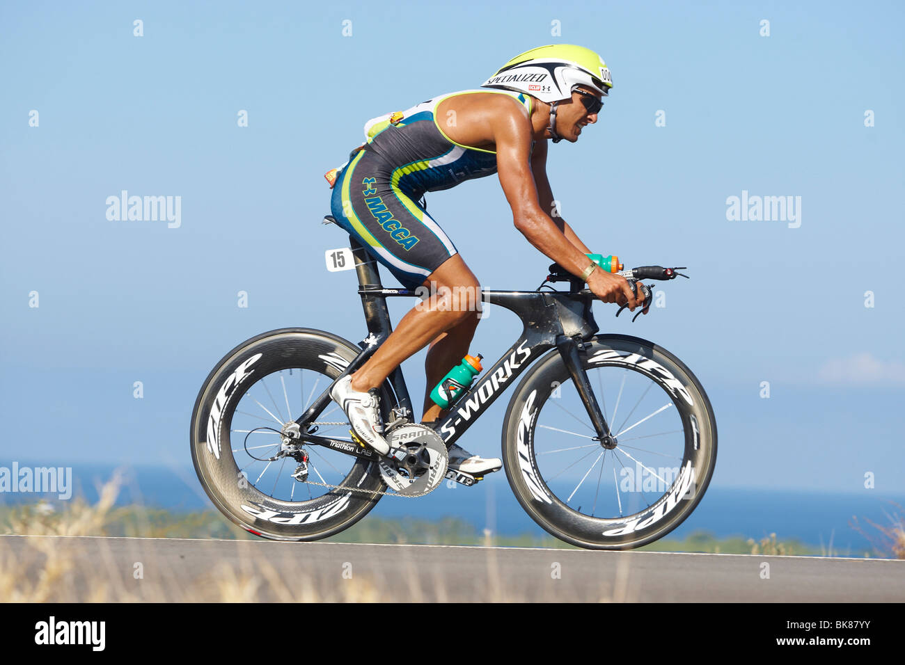 The Australian professional triathlete Chris Mc Cormack on the bike course of Ironman Triathlon World Championship in Kona, Haw Stock Photo