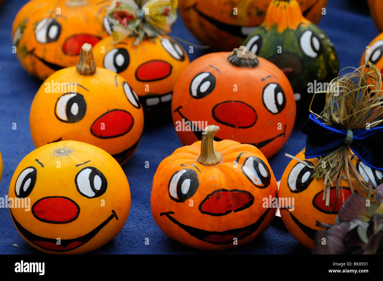 Small painted pumpkins, stall at the weekly market, Stuttgart, Baden-Wuerttemberg, Germany, Europe Stock Photo
