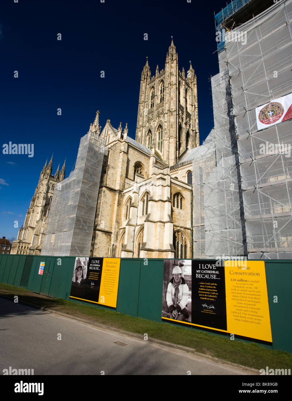 Scaffolding around Canterbury Cathedral to do Restoration work in Kent, UK. Stock Photo