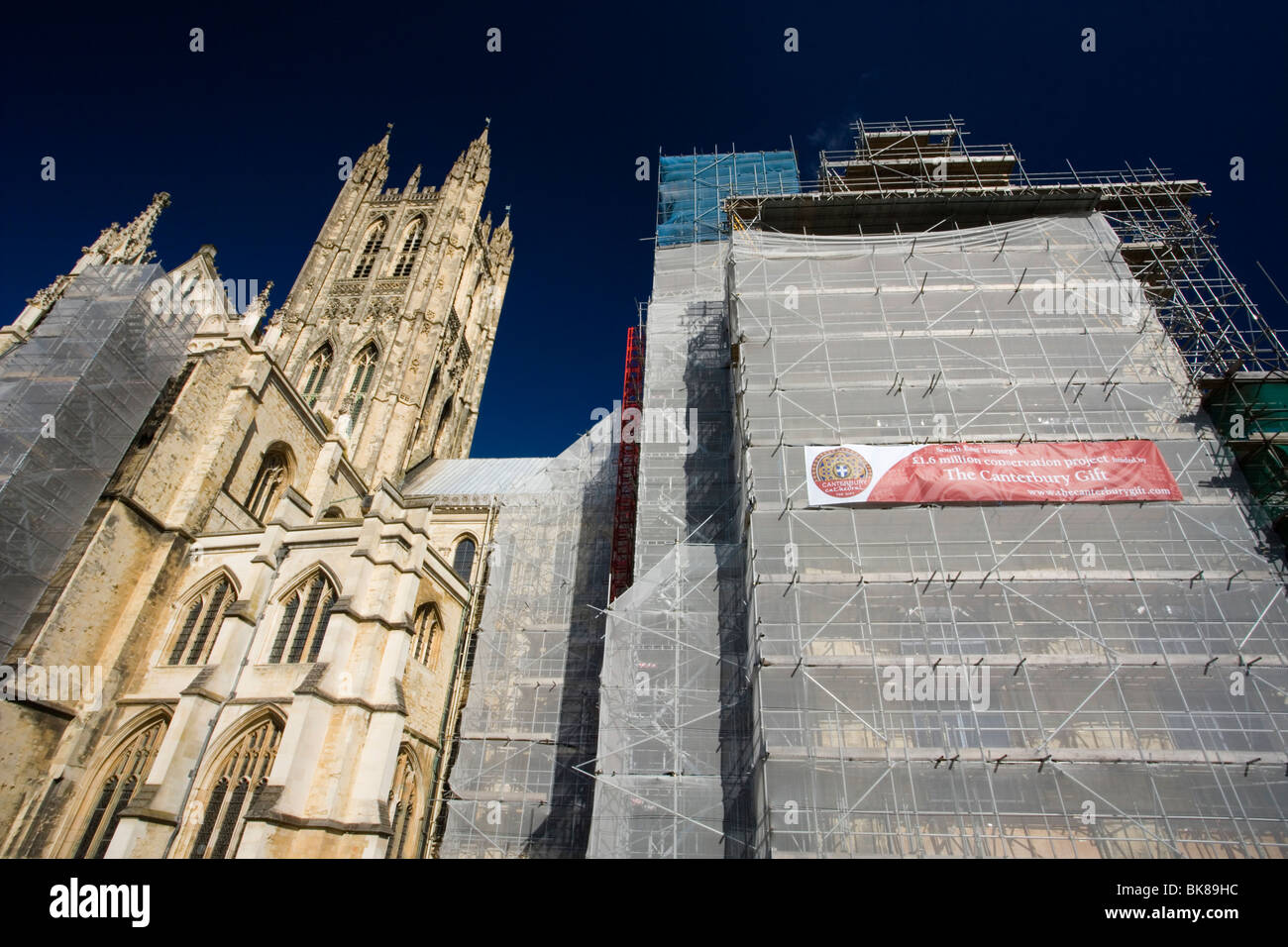 Scaffolding around Canterbury Cathedral to do Restoration work in Kent, UK. Stock Photo