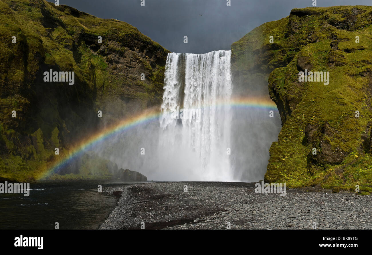 Skogarfoss waterfall with rainbow, Iceland, Europe Stock Photo