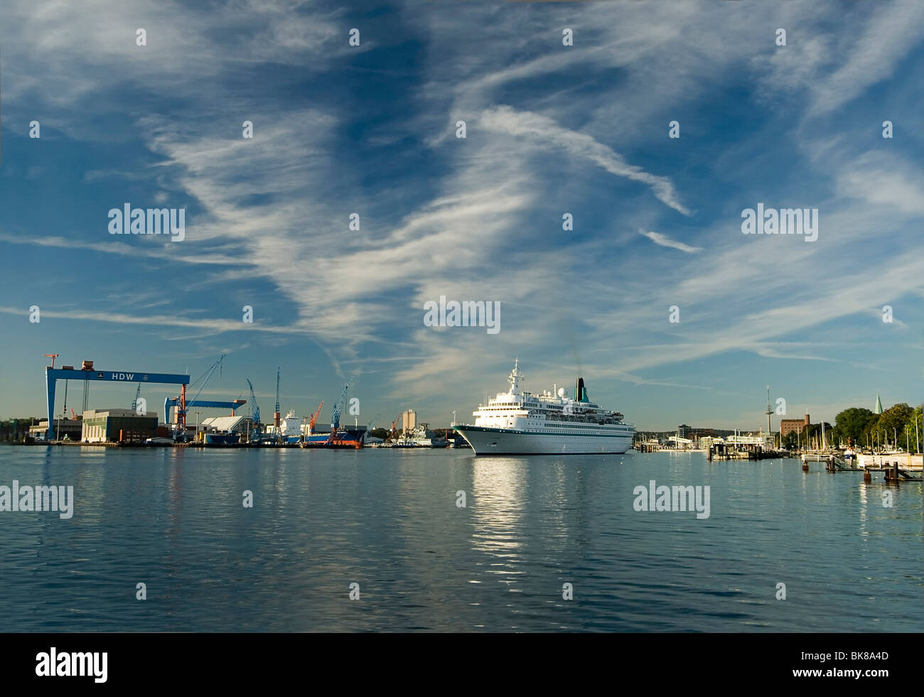 Inner fjord of Kiel with a cruise ship and the HDW shipyard, state capital of Kiel, Schleswig-Holstein, Germany, Europe Stock Photo
