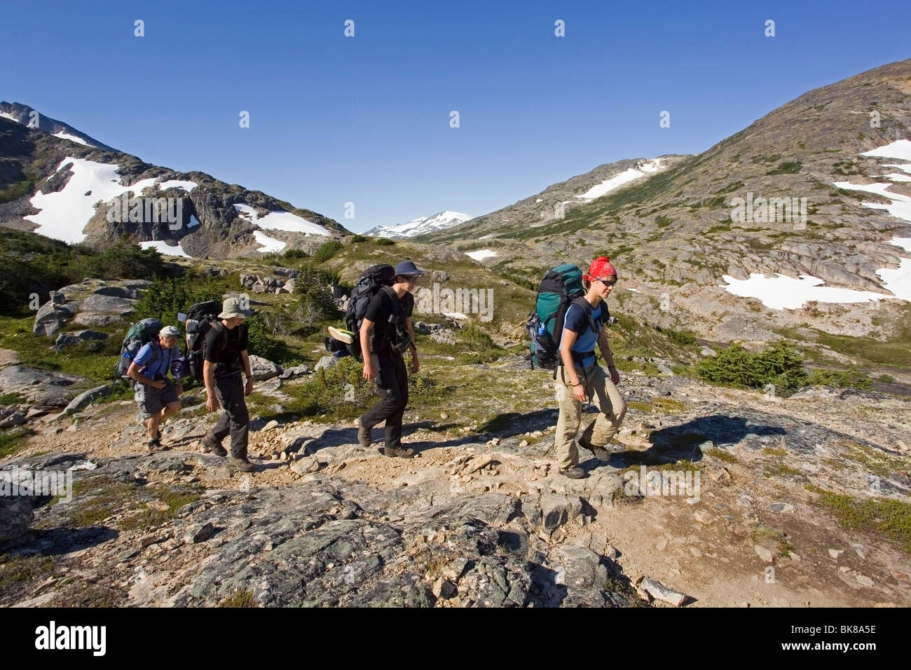 Group of young hikers hiking, backpacking, backpack, historic Chilkoot