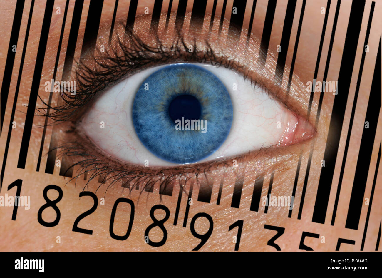 Close-up of an eye with the EAN barcode, European Article Number, on the iris, symbolic picture for transparent client Stock Photo