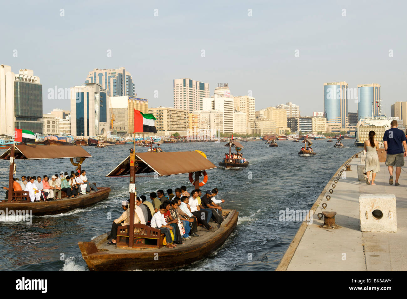 Abra water taxis on the Dubai creek in Dubai in the UAE. Stock Photo