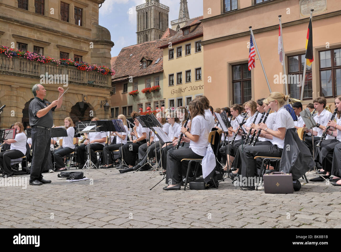 Outdoor concert of a student bigband, Market Square, Rothenburg ob der Tauber, Bavaria, Germany, Europe Stock Photo