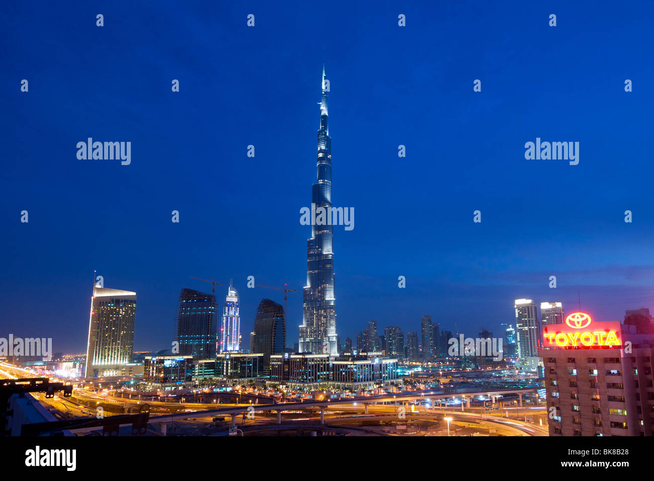 Dusk view of the 818-metre Burj Khalifa, the tallest building in the world (as of January 2010) in Dubai, the UAE. Stock Photo