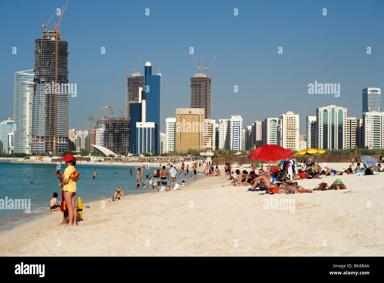 The beachfront and buildings in Abu Dhabi in the United Arab Emirates. Stock Photo