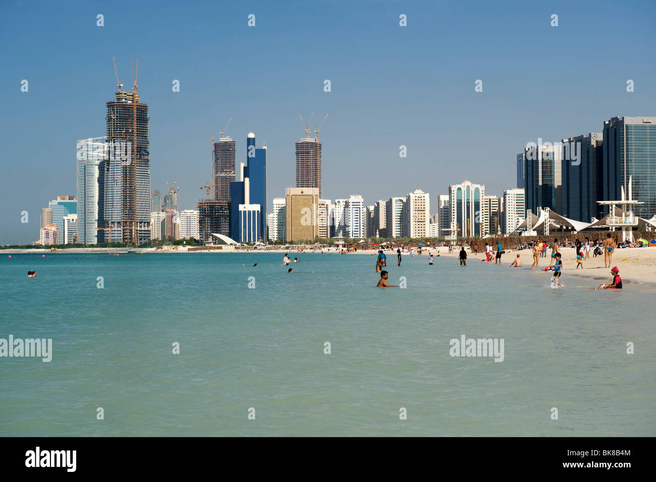 The beachfront and buildings in Abu Dhabi in the United Arab Emirates. Stock Photo