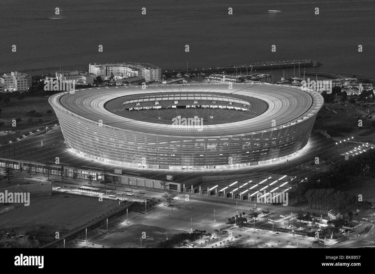 View of the completed Green Point Stadium at night from Signal Hill. Constructed for the 2010 World Cup, Cape Town, South Africa Stock Photo