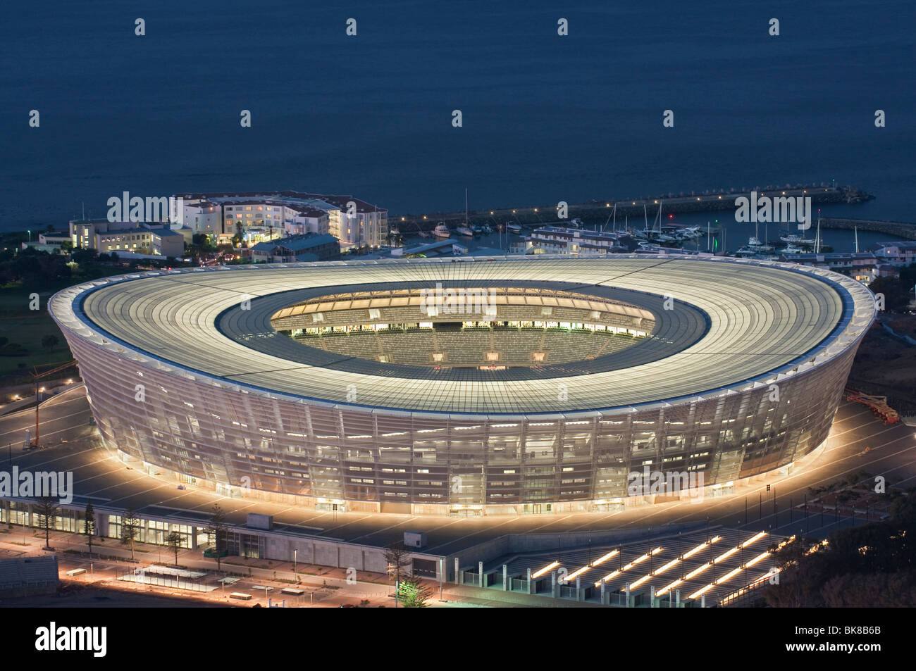 View of the completed Green Point Stadium at night from Signal Hill