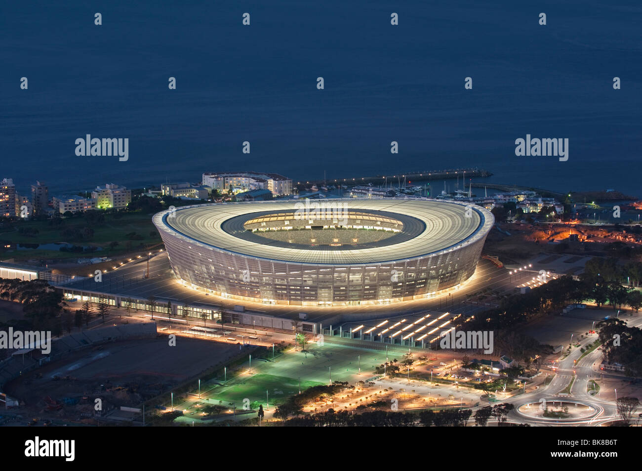 View of the completed Green Point Stadium at night from Signal Hill