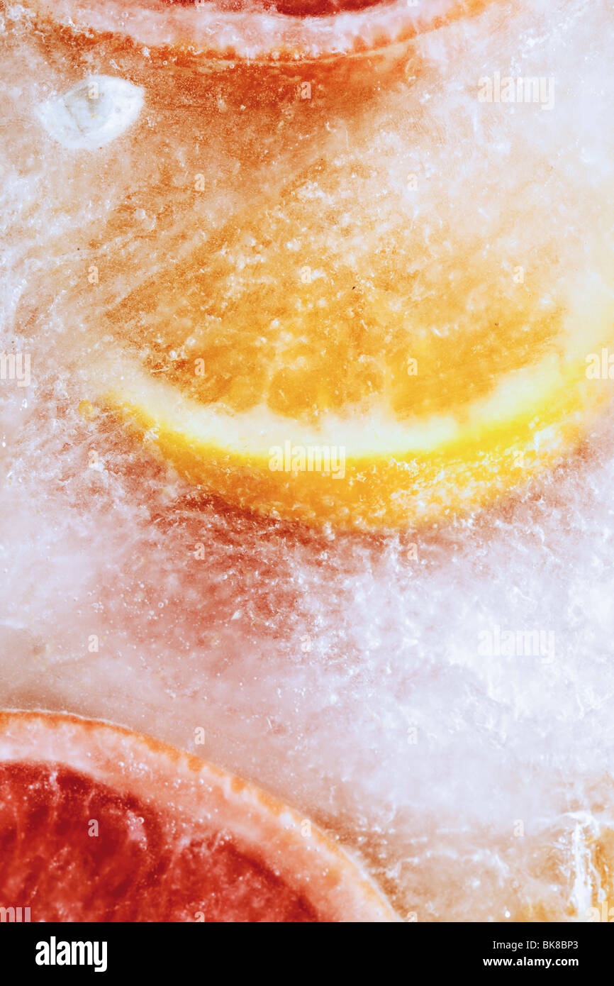 Oranges and Ruby grapefruit frozen in an ice block Stock Photo