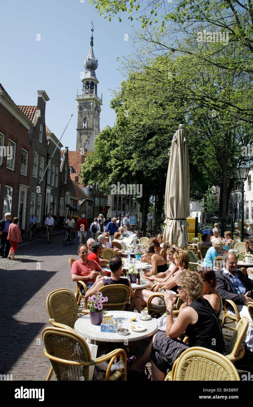 Sidewalk cafe overlooking the Stadhuis, city hall, Veere, Netherlands, Europe Stock Photo