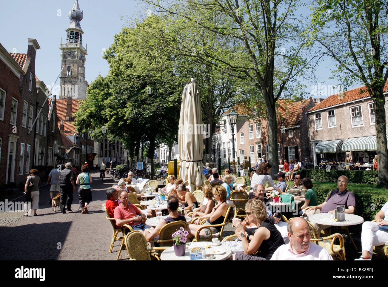 Sidewalk cafe overlooking the Stadhuis, city hall, Veere, Netherlands, Europe Stock Photo