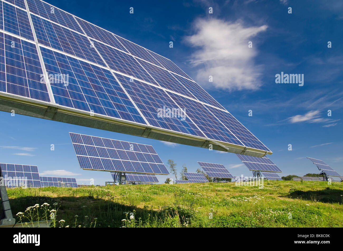 Outdoor photovoltaic facility, solar modules on a field, solar power, Mallersdorf, Bavaria, Germany, Europe Stock Photo