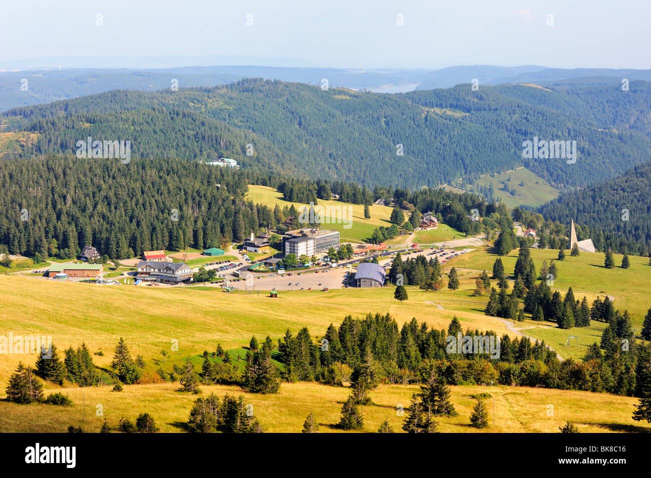 View from Seebuck peak on Feldberg Mountain down to the tourist centre, administrative region of Freiburg, Baden-Wuerttemberg,  Stock Photo