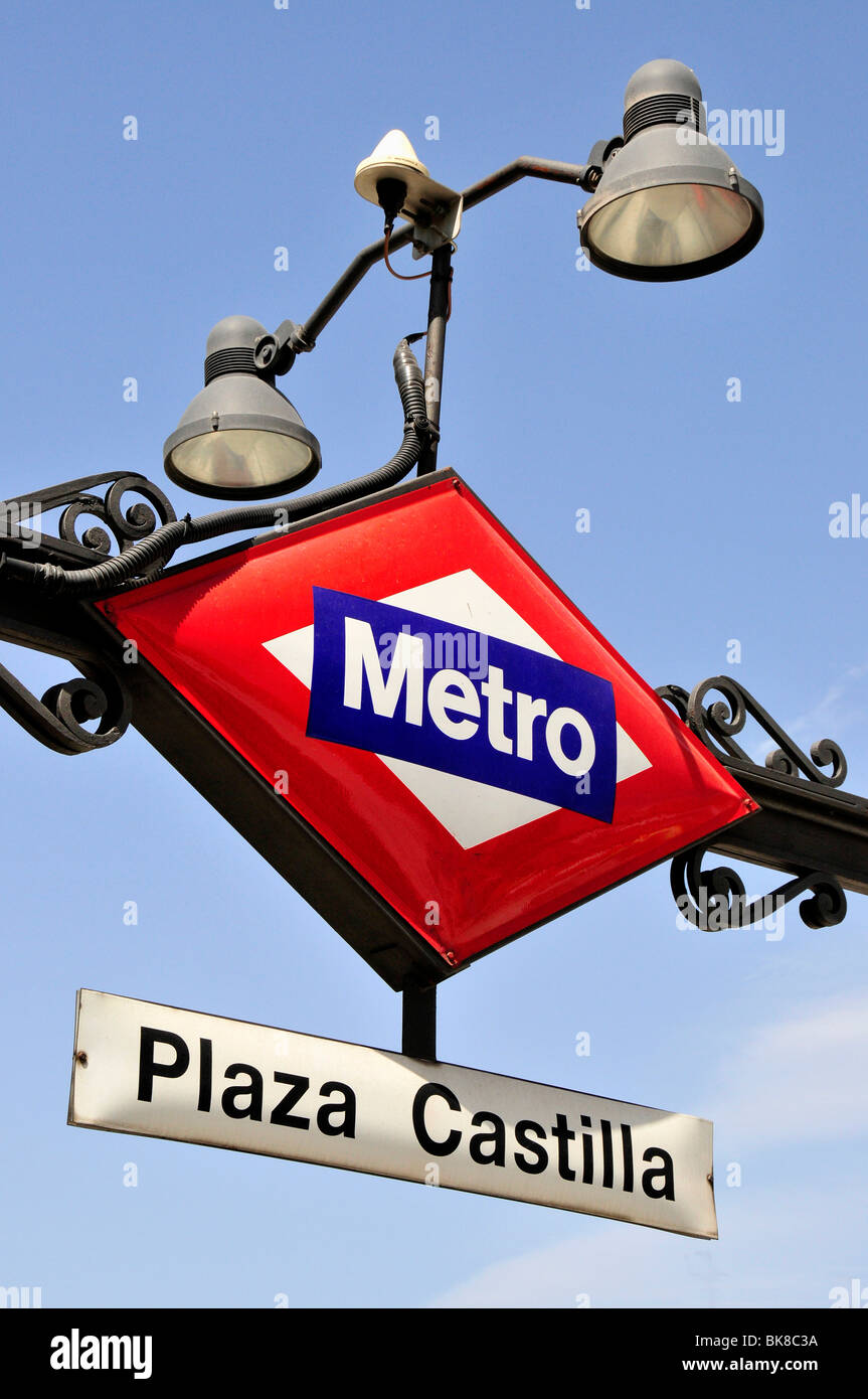 Metro sign, subway, Plaza Castilla, Madrid, Spain, Iberian Peninsula, Europe Stock Photo