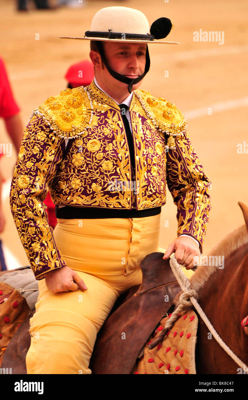 Mounted bullfighter, picador, during the entrance of the bullfighters, paseíllo, in Las Ventas Bullring, Madrid, Spain, Iberian Stock Photo